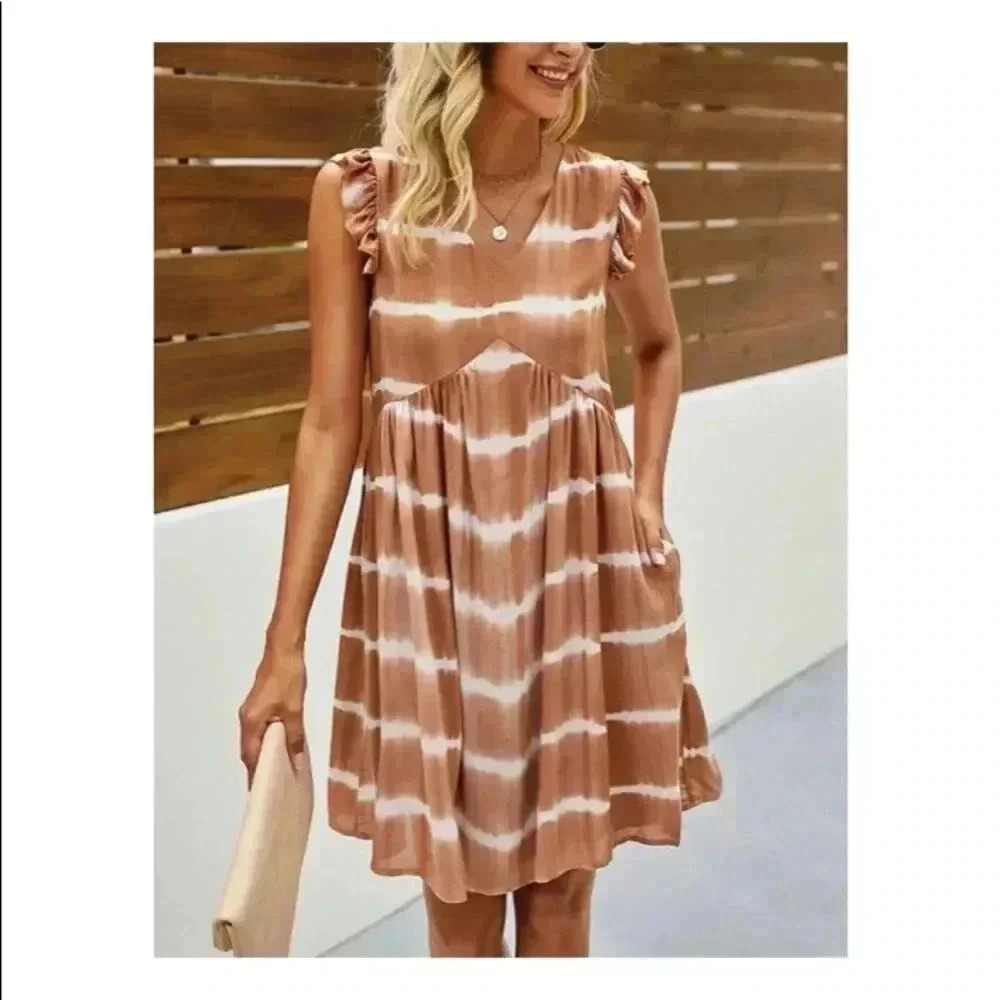 🆕Boho Trendy Khaki Tie Dye Ruffle-Trim Empire Waist Dress L🆕